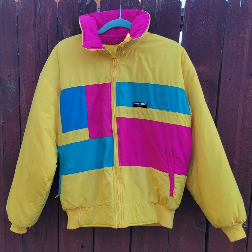 Sun Ice Ski Jacket Unisex Mens S Women M Colorblock Yellow Pink Blue 80s 90s USA